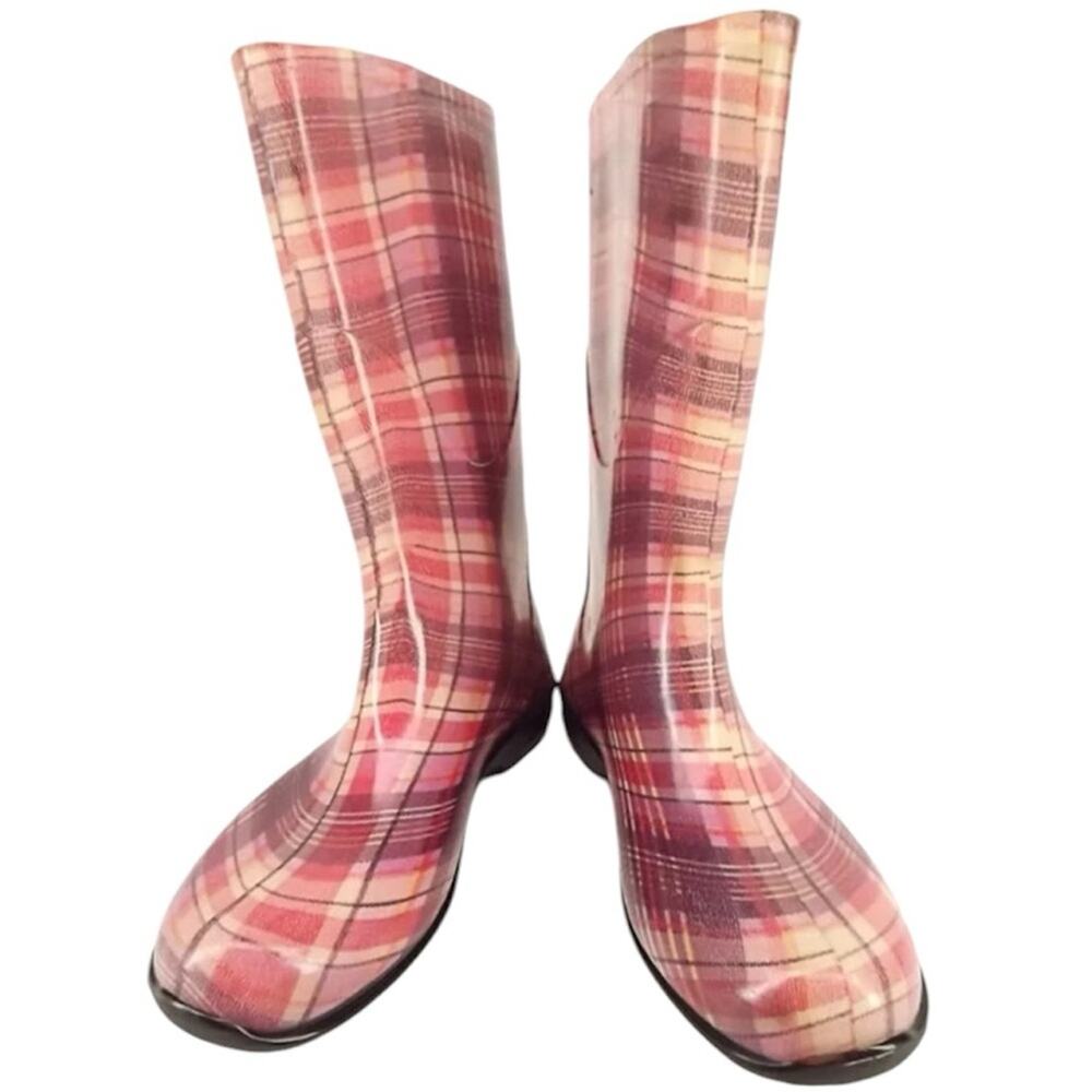 Women’s Glossy Pink Rubber Knee High Casual Flat Slip On Rain Boot Size 11